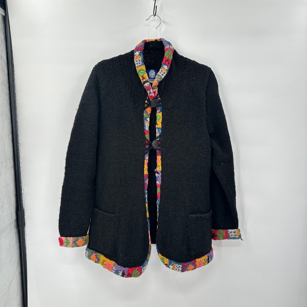 Amano Wool Cardigan Boho Handmade‎ Artisan Knit Color Trim Jacket Women M - L